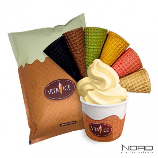 Упаковка смеси Vita Ice Банан Lite для мягкого мороженого и коктейлей с насыщенным банановым вкусом и кремовой текстурой.