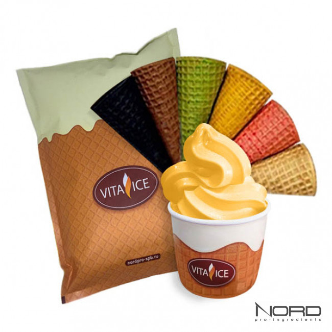 Упаковка смеси Vita Ice Дыня Lite для мягкого мороженого и коктейлей с насыщенным банановым вкусом и кремовой текстурой.