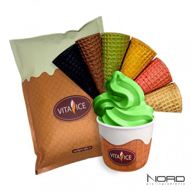 Упаковка смеси Vita Ice Киви Lite для мягкого мороженого и коктейлей с насыщенным вкусом Киви и кремовой текстурой.
